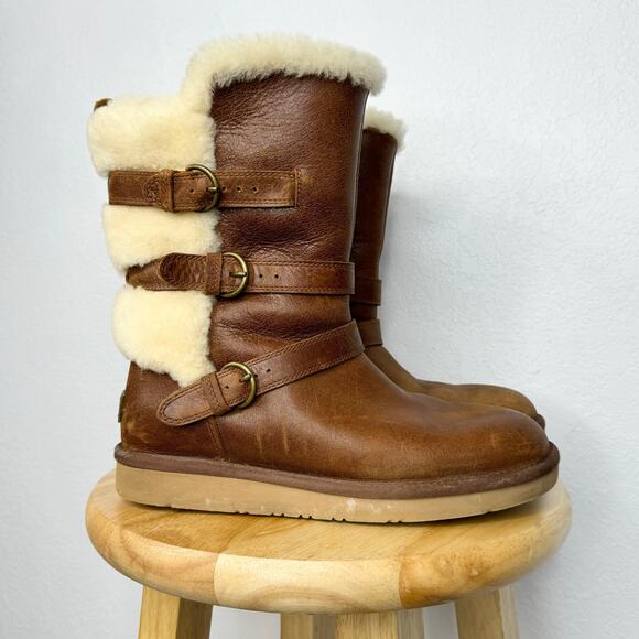 Ugg Women's Brown Becket Mid Calf Pull On Winter Shearling Buckle Boots Size 8 - Picture 1 of 10